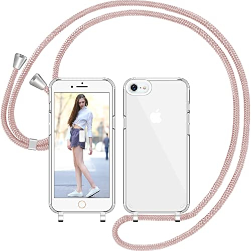 Nupcknn Handykette für iPhone 7/8/SE 2020/2022 Hülle mit Band,Dünn Transparent Handyhülle (Abnehmbar) Necklace mit Kordel zum Umhängen Kameraschutz Handy Kette Stossfest Schutzhülle (Rosegold 4.7)