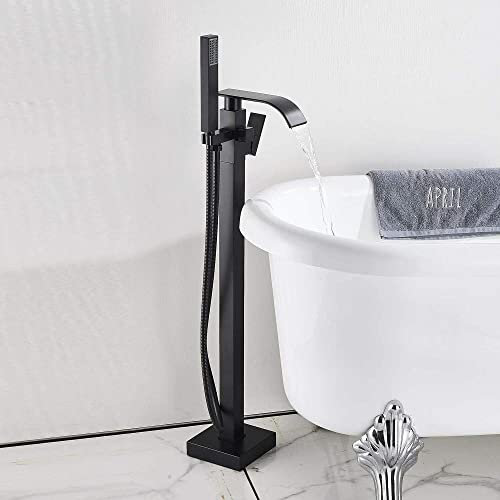 Huin Robinet de remplissage de baignoire noir mat Robinet de douche de baignoire à montage au sol Bec de cascade Mitigeur de baignoire sur pied avec pulvérisateur à main