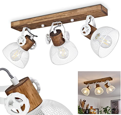 Deckenleuchte Orny, Deckenlampe im Vintage-Design aus Holz/Metall in Braun/Weiß m. Schirmen in Gitter-Optik, Leuchte m. Holzbalken, Textilkabeln u. verstellbaren Strahlern, 3 x E27, ohne Leuchtmittel