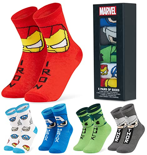 Marvel Spiderman Socks Boys 5 Pack Teens Soft Calf Length Socks Captain America Sports Casual School Avengers Gifts for Boys (Multi, 11.5/3 UK)