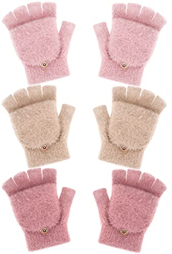 Geyoga 3 Pack Fingerlose Handschuhe Winter Thermohandschuhe Flip Warme Wandelbare Fäustlinge für Frauen(Beige, Rosa, Rot,5–10 Jahre)