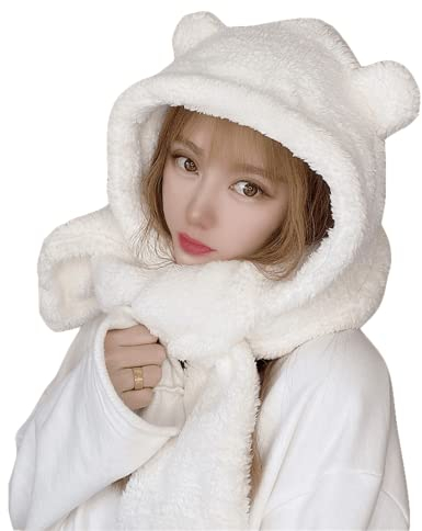 Damen Mütze mit Bärenohren, 3-in-1, mit Fäustling-Handschuhen, japanisches Fleece, Sherpa, Sturmhaube, ästhetisch, adrette Mütze, Weiss/opulenter Garten, Medium
