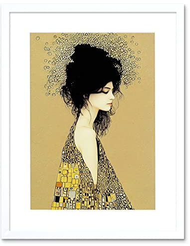 Wee Blue Coo Frau im Klimt-Stil mit buntem Schal Gerahmter Kunstdruck 30x40 cm