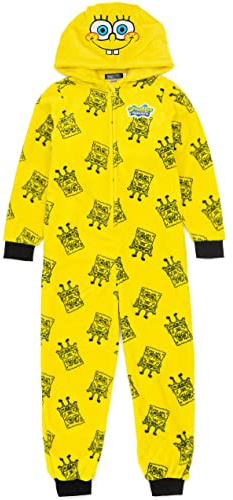 SPONGEBOB SQUAREPANTS Kids Onesie | Boys Girls Yellow All In One Pyjamas | Character Hood Fluffy Fleece With Zip | Movie Series Merchandise