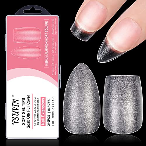 Yueshop 240 Soft Gel Full Cover Nail Tips -15 Sizes Gelly Gel Clear Medium Almond + Short Square Clear Full Cover Break Resistant Nail Tips Kit for DIY Manicure Nail Art Salon