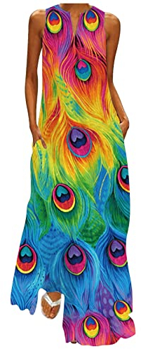 Kleid Damen Pailletten weihnachtskleidung Damen Abendkleid Damen Halskette Damen Drucken V-Ausschnitt Ärmellos Maxi Kleid mit Tasche Sexy Locker Lang Kleid Sommer Freizeit Blumenkleid