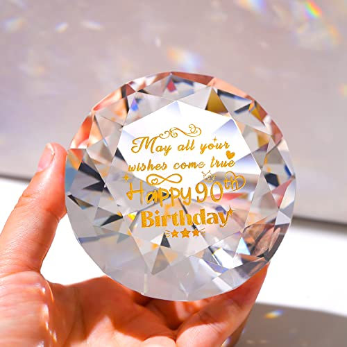 Movdyka Crystal Ornament 90 Years Old Birthday Gifts for Women Diamond Keepsake Etched Happy 90th Birthday Paperweight Presents for Men Mum Grandma