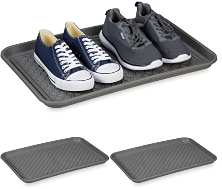Relaxdays 3er Schuhabtropfschale 60 x 40 cm Bandeja Zapatos XL, Set de 3, Base para Zapatillas Mojadas, Posazapatos Grande Plástico, Gris
