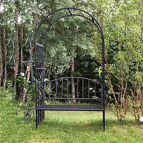 Lnder Garden Metal Arch Black Garden Arbour Rose Arches With Seat Bench Square Tube 20x20mm Heavy Duty Gazebo 210x114x50cm