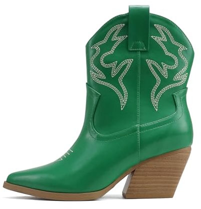 Soda Blazing ~ Damen Westernstiefel mit spitzer Zehenpartie, niedriger Absatz, hoher Schaft, Stiefelette, Grün PU, 39 EU