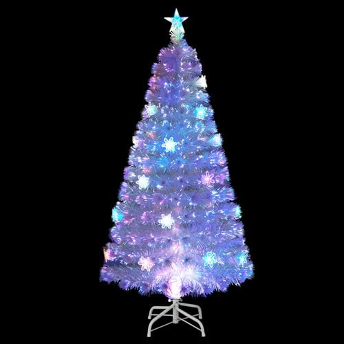 GYMAX 150 cm Albero di Natale, Luci in Fibre Ottiche, con Decorazioni a Fiocco di Neve, 170 Rami in PET, Folto e Realistico, Base Pieghevole in Metallo, Montaggio Facile