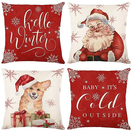 Qelus 4 er Weihnachten Kissenbezug, Weihnachtskissenbezug 45x45 cm, Weihnachtsmann Schneeflocke Rot Muster Kissenhülle Leinenoptik Dekorative Kissenbezüge für Weihnachten Wohnzimmer Sofa Deko