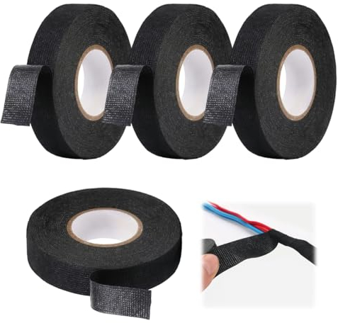WHC 4 Piezas Cinta Aislante de Tela, Cinta Adhesiva Tela, Cinta Aislante Termica, Cinta Tela Adhesiva Cinta de Tejido Industrial para Coche Motocicleta Negro (19mm X 15m / 15mm X 15m)