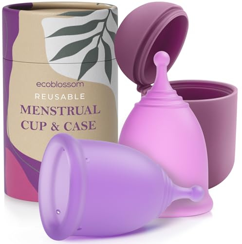 Ecoblossom Coppette mestruali riutilizzabili a prova di perdite - Silicone di grado medicale, sostenibili, ecocompatibili, con custodia. Confezione da 2 coppette mestruali piccole, capacità 22 ml