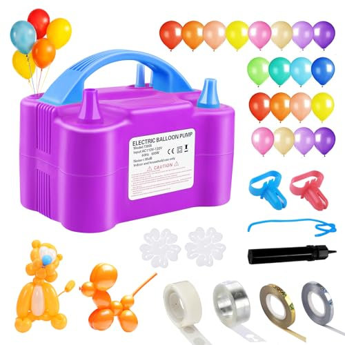 Balloon Pump, Double Nozzle, Electric Balloon Pump with 100 Balloons, Balloon Inflator Air Pump, Balloon Blower with Tying Tool, Colorful Ribbons for Party Birthday Wedding Festival Decoration (Purple