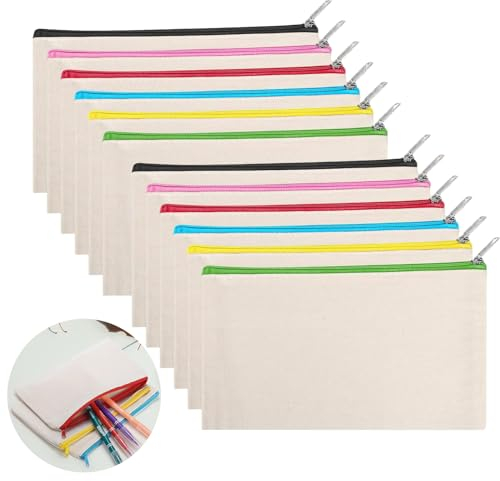 Trousse À Crayons en Toile Blanche, Trousse À Crayons 12 Pièces pour La Peinture, Trousse À Crayons Vide Bricolage, Trousse À Cosmétiques en Toile, Adaptée Aux Voyages Scolaires De Bureau, 21 X 12 Cm