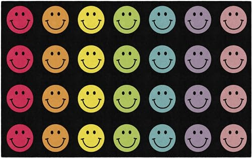 Flagship Carpets Rainbow Smileys in Black Criss-Cross Applesauce Educational Area Rug for Kids Room, Children's Classroom for Teaching & Playroom, 7'6 x 12', Black & Multi, Seats 28