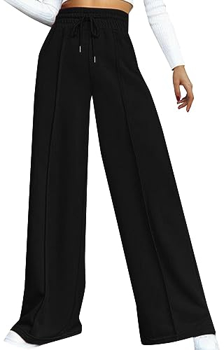 Generisch Höherwertig Damenhose High Waist Hose Mit Kordelzug Weites Bein Warm Hosen Damen Business Winterhose Elegant Outdoorhose Stretch Jogginghose Atmungsaktive Bequeme Relaxhose Lang (Black, L)
