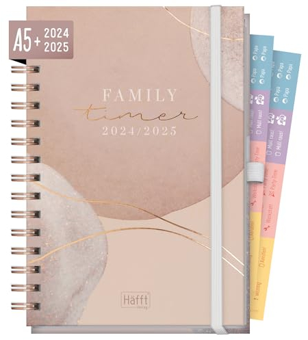 Häfft® Family-Timer Deluxe 2024/2025 A5 Soft Beige Familienkalender 4 Spalten, Spiral-Buchkalender Familienplaner für 18 Monate: Juli 24 bis Dez 25 - nachhaltig & klimafreundlich