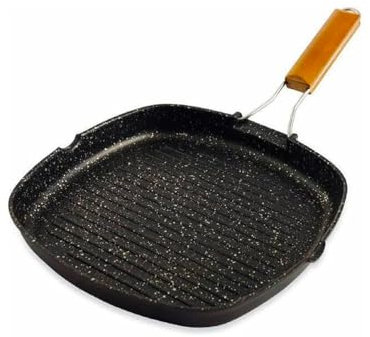 Avilia Griglia Quadrata Antiaderente in Alluminio – Padella Antiaderente - Griglia con Manico in Legno Pieghevole – 28cm, Nero