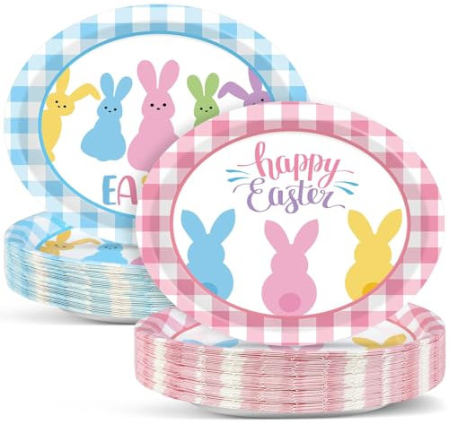 Qyeahkj 50 PCS Easter Bunny Oval Paper Plates 11inch Large Spring Easter Paper Platters, Spring Easter Rabbit Heavy Duty Dish Tray for Easter Peeps Party Decor Supplies Spring Holiday Dinner Tableware