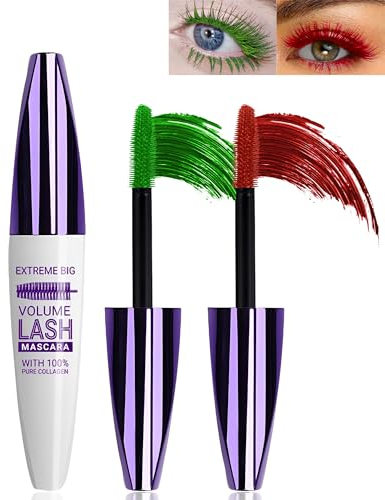 2 Pcs Green Red 5D Telescopic Mascara for Eyelashes, Waterproof Smudge-proof Long Wear Colored Mascara, Voluminous Curling Non-clump Wimperntusche, False Lash Effect Extension Makeup für Frauen