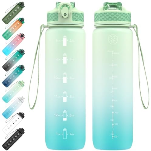 NAVTUE 1L Water Bottle with Straw, Sports Drinks Bottle with Time Markings, Leak Proof, Tritan BPA free for School/Cycling/Running(Blue Cyan)