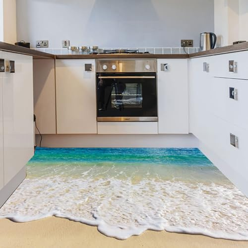 BBTISG Blue Ocean Sea Waves Adesivi per Pavimenti, 90 x 58cm Rimovibili Adesivi da Parete con Vista sul Mare Tropicale Decorazione da Parete per Bagno Paesaggio