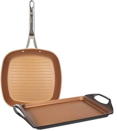 Colección Origen: set de Sartén grill de 28 cm, y Plancha asador/grill de 36 cm, aluminio forjado, aptas para inducción