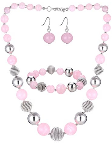 FULU AUTUMN 3 Pcs Parure de Bijoux Collier de Perles Grosses Bracelet et Boucles d'Oreilles Cadeau d'Anniversaire pour Femme(light pink)