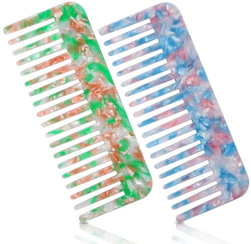 HONZUEN Lockenkamm 2 Stück – Grobzinkiger Antistatischer Kamm für Locken & Naturlocken, Breiter Haarkamm zum Entwirren & Kopfhautpflege, Bruchfestes Kamm Set für Frauen (Blau-Grün)