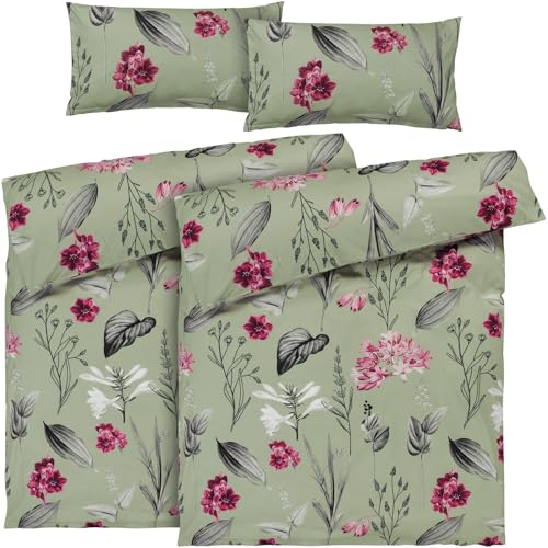 Pure Label Blumen Bettwäsche 4teilig 155x220 cm mit einem 2er Set Kissenbezüge 40x80 cm - Traumhaft weiches Bettwäsche-Sets 155 x 220 cm in grün aus 100% Baumwolle mit YKK Reißverschluss