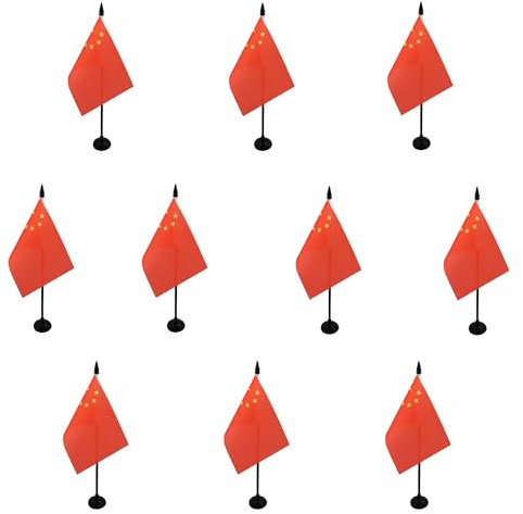 AZ FLAG - Lot de 10 Drapeau De Table Chine - 15x10 cm - 10 Mini Drapeaux Chinois De Bureau 100% Polyester Avec Hampe De 25cm Et Socle En Plastique Noir