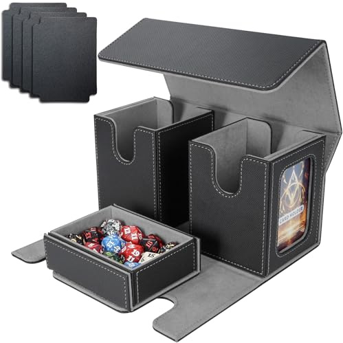 AFIING MTG Commander Kartenbox, 3-in-1 Karten-Aufbewahrungsbox für 200+ doppelt gesleevte Karten, Magnetische Deckbox mit Commander-Fenster, Würfelbox & 4 Trennwänden, für Magic TCG CCG Schwarzgrau