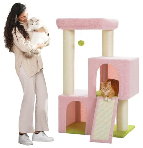 PAWZ Road Großer Kratzbaum, 11 cm dicke Sisal-Kratzbäume, Doppelhöhle, Rosa, 114 cm hoch, für große Katzen