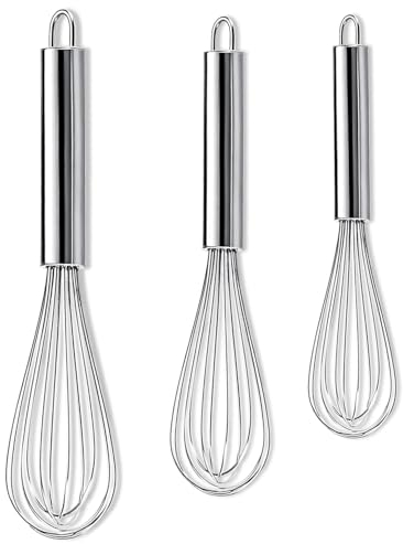 Hand Whisk, Set of 3 Pcs Stainless Steel Egg Whisk, Durable Wire Whisk for Cooking and Baking, Balloon Whisk for Stirring, Blending, and Beating, Ergonomic Handle, Dishwasher Safe