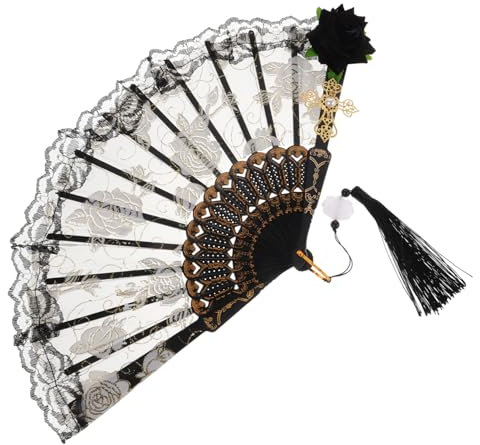 SEWACC Black Lace Rose Fan Vintage Wedding Hand Fans Floral Folding Hand for Events