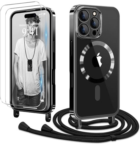 Ethanger Handyband für iPhone 16 Pro Max Hülle mit Band + 2 Stück Glas Schutzfolie Transparent Silikon Handyhülle Magnetische Schutzhülle Case zum Umhängen Kordel für iPhone 16 Pro Max Schwarz