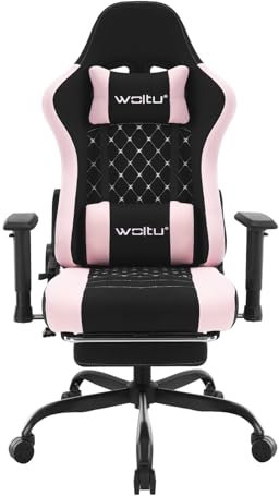 WOLTU Massage Gaming Stuhl, Ergonomischer Bürostuhl Racing Sessel Design, Kopfstütze, Lendenmassage, Fußstütze, Drehstuhl mit Rollen, 150 kg Tragfähigkeit, Netzstoff, Schwarz+Rosa