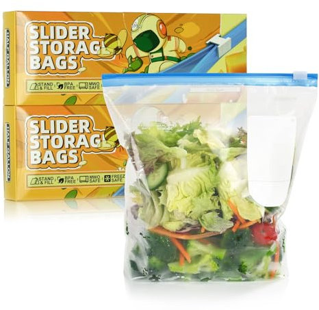 Tuocal 50 Pcs Zip Lock Bags, Freezer Bag (Half Gallon / 2.27L) Reusable Food Storage Bags With Expandable Bottom, BPA Free Slider Ziplock Sandwich Bag for Fruit, Vegetables, Grains, Meat, Snacks