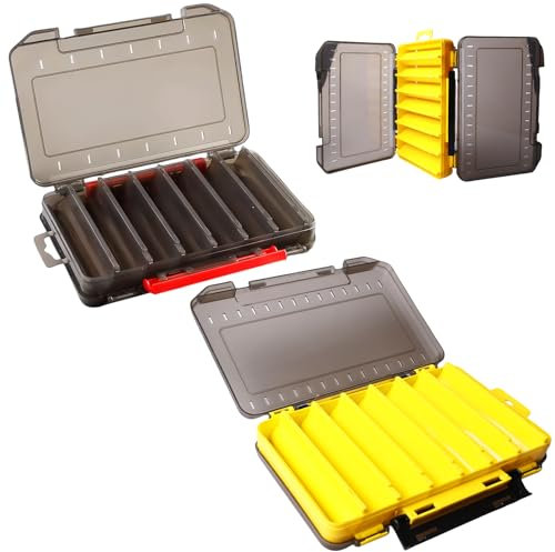 GOMETY 2 Stück Köderbox Angeln, Doppelseitige Angelbox mit 14 Fächern – Wasserdichte Tackle Box Angeln für Gummiköder, Wobbler – Tragbare Angelboxen, Köderboxen AngelnZubehör 18 x 10 x 3 cm