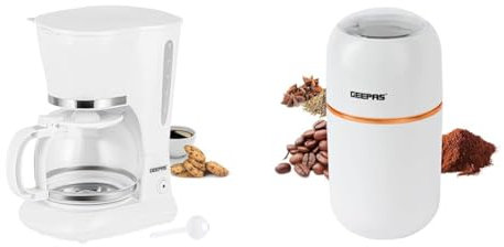 GEEPAS 1.5L Filter Coffee Machine & Coffee Grinder 80g Capacity Combo Set | 800W Coffee Maker for Instant Coffee, Espresso, Macchiato | 200W Electric Coffee Grinder for Dried Spice Nuts Herbs | White
