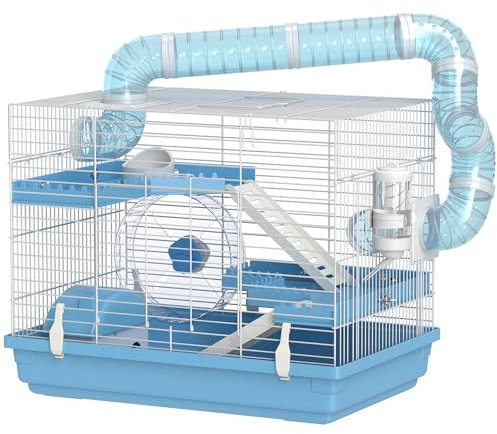 PawHut Gabbia per Criceti a 3 Livelli con Casetta, Ruota, Ciotola per Cibo, Bottiglia e Tubi, Gabbietta per Piccoli Roditori e Criceti Nani, 47.5x31.5x29.5 cm, Azzurro