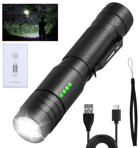 Taschenlampe led aufladbar, Wasserdicht mini klein taschenlampeMit intelligenter Leistungsanzeige, 2000 Lumen sehr helle taschenlampe mit 5 Modus Umschaltung für Bergsteigen Camping und Wandern