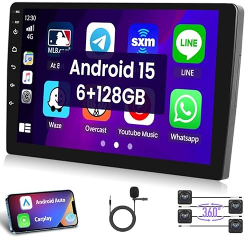 Hikity 8 core 6+128G Android 15 Autoradio 2 Din Radio Wireless CarPlay Android Auto Mirror Link Four Split Screen 360°Panoramic View Bluetooth Schermo 9 Pollici Navi GPS WiFi HiFi FM RDS SWC