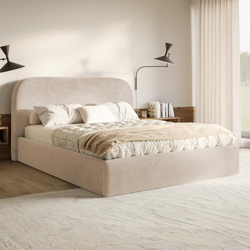 MOTIVENA Mono Bett 120x200 Beige Samt, mit Stauraum, mit Kopfteil, mit Lattenrost, ohne Füße, mit Matratze H2/H3, Polsterbett 120x200 mit Bettkasten Beige (Creme)