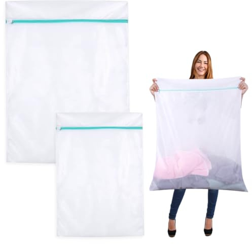 2 Pezzi Sacchetti Lavatrice Biancheria per Lavatrices Coperte Cappotti | 60 x 80cm + 90 x 110cm Retina per Lavatrice in Poliestere a Maglia Fina con Cerniera Sacchetti (Bianco)