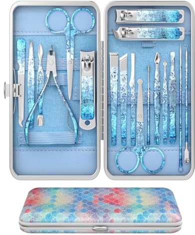 OFIDUS Nail Clippers Set, Finger and Toenail Clippers, Professional Manicure and Pedicure Set, 18 Pieces, Nail Care Tools with Luxury Travel Case (Diamond Blue)