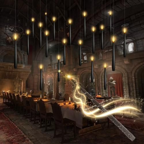 kakoya Flameless Floating Candles with Wand，20 Pcs Magic LED Hanging Taper Candles，Flickering Battery Operated Taper Candle with Wand Remote for Halloween Decorations Best Gift(Black)