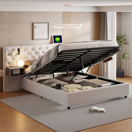 JYNVO Polsterbett 140x200 cm mit LEDLeselampen und USBAnschluss, Beige Samtbettrahmen mit Lattenrost, Doppelbett mit 2 Nachttischen, Hydraulisches Stauraum-Polsterbett, Ohne Matratze